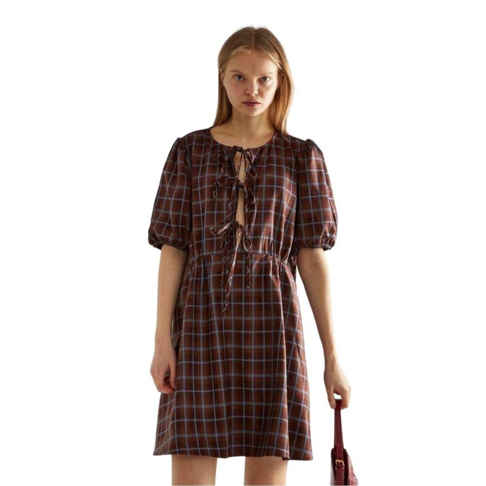Glamorous Womens/Ladies Front Tie Puff Sleeve Mini Dress / Brown